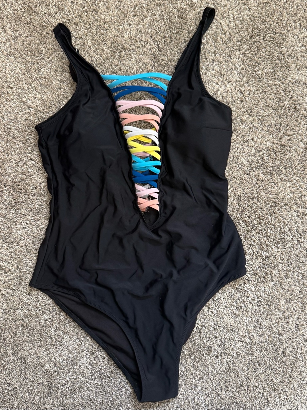 Black One-Piece Swimsuit with Rainbow Lace-Up Front